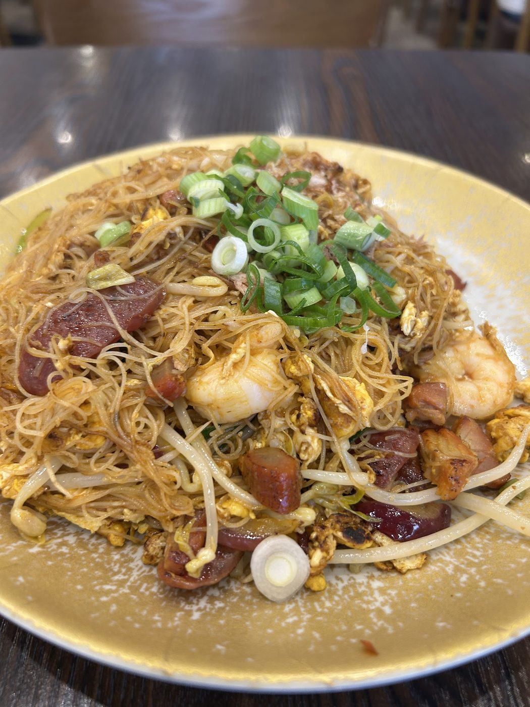 Fried rice vermicelli with prawns, char siu, Chinese sausage, egg and bean sprouts