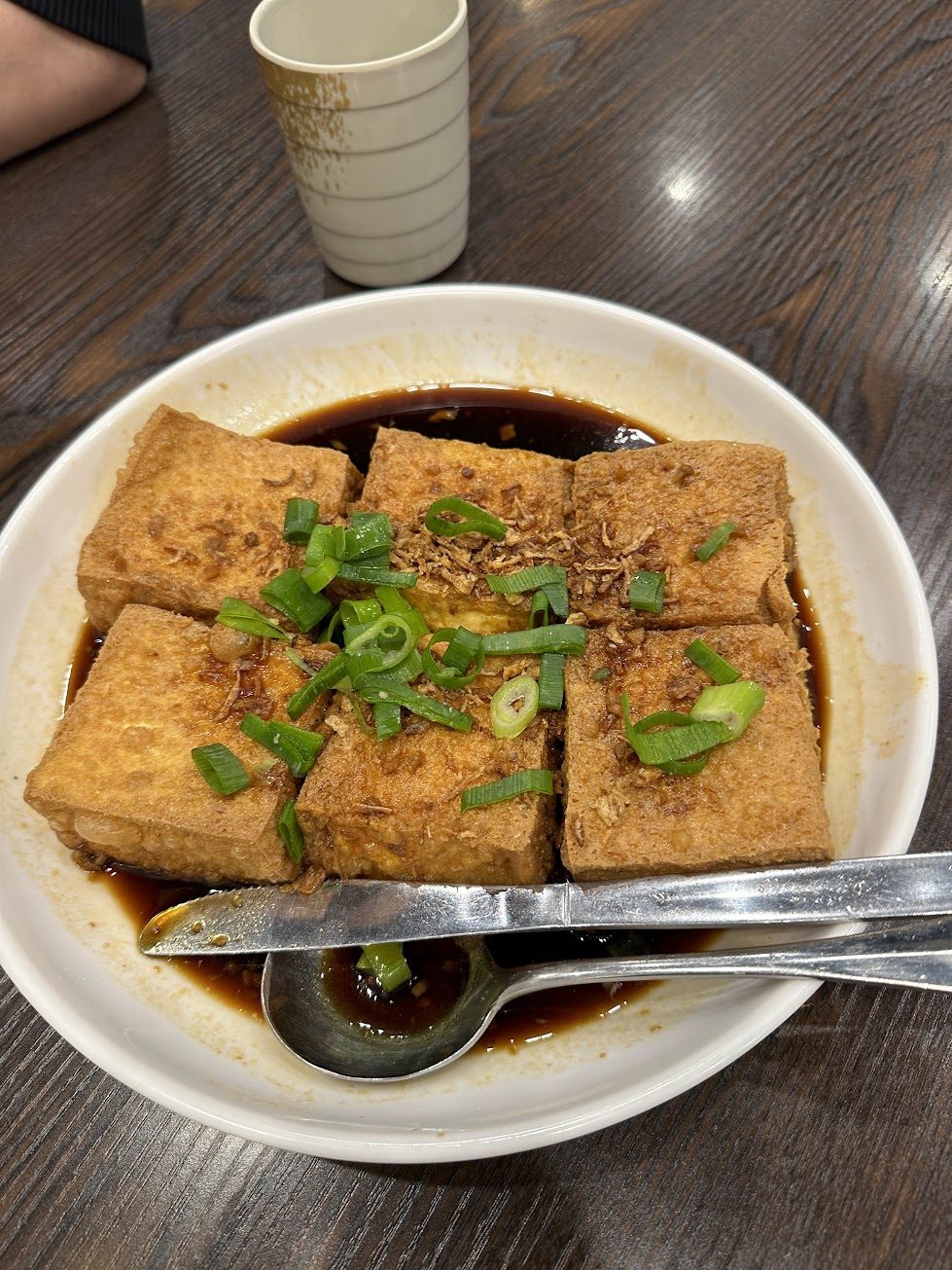 Golden fried tofu squares sitting in dark soy with fried shallots and spring onion